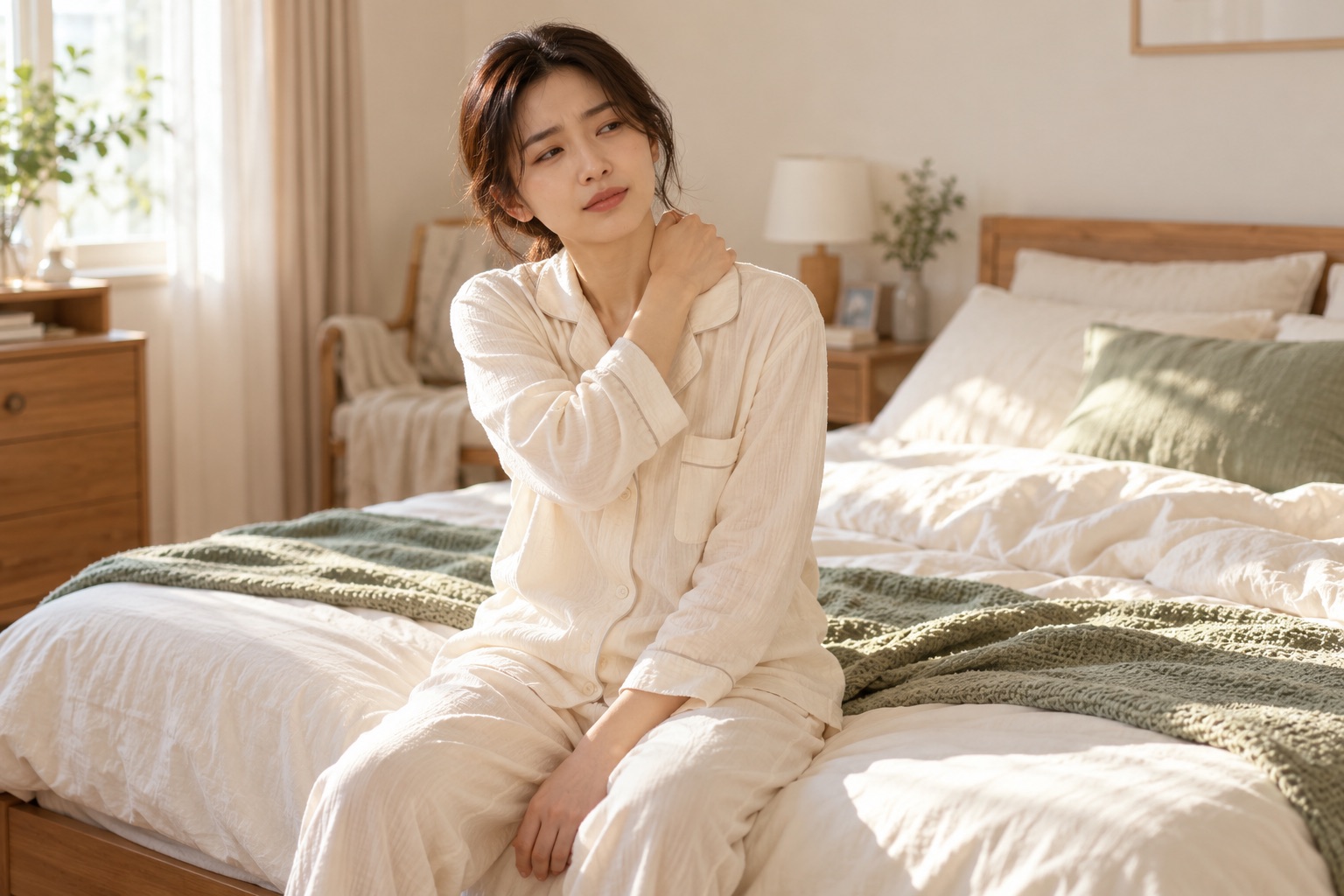 아침에 침대에 앉아 목이 결려 목과 어깨 사이를 짚고 있는 모습