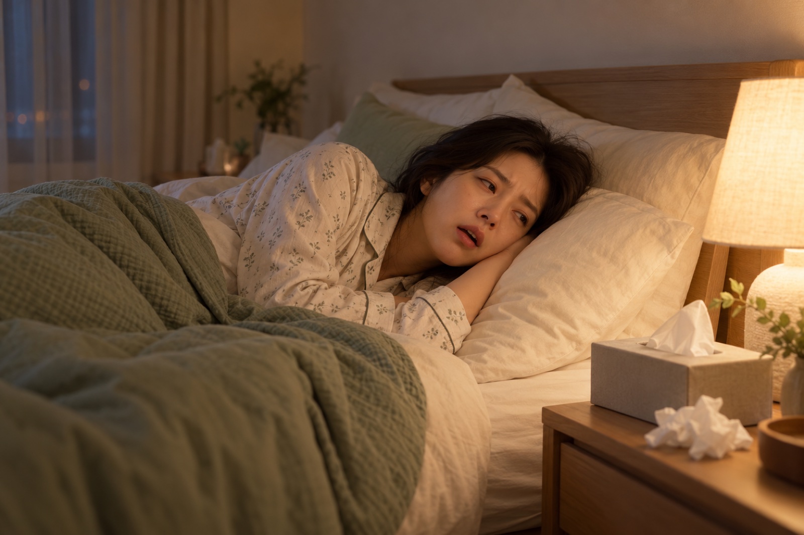 밤에 코가 막혀 입으로 숨 쉬며 잠들지 못하는 모습