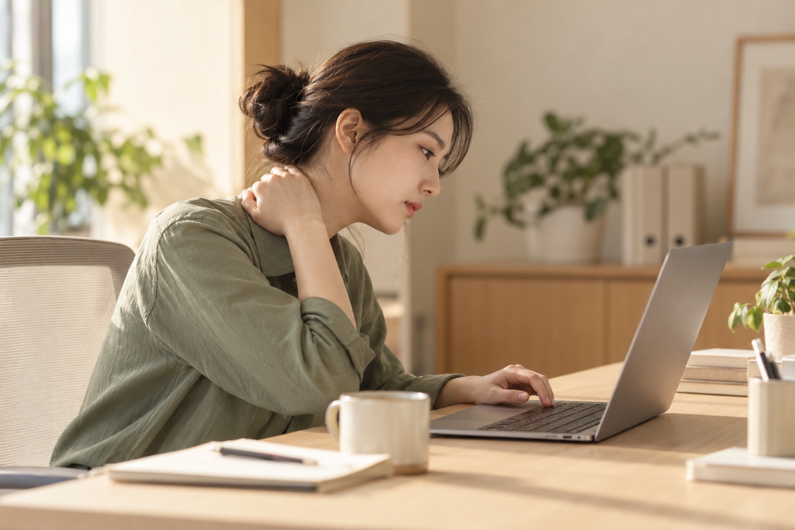 노트북 화면 쪽으로 고개를 내민 채 뒷목을 주무르는 모습