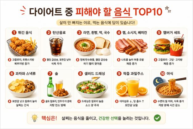 다이어트 중 피해야 할 음식 Top10 - 살이 안 빠지는 사람들의 식단에는 공통점이 있습니다.