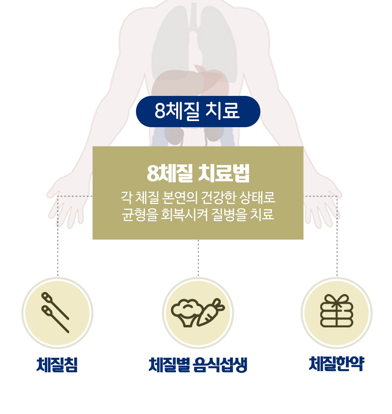 8체질 치료법 — 각 체질 본연의 건강한 상태로 균형을 회복시켜 질병을 치료: 체질침, 체질별 음식섭생, 체질한약