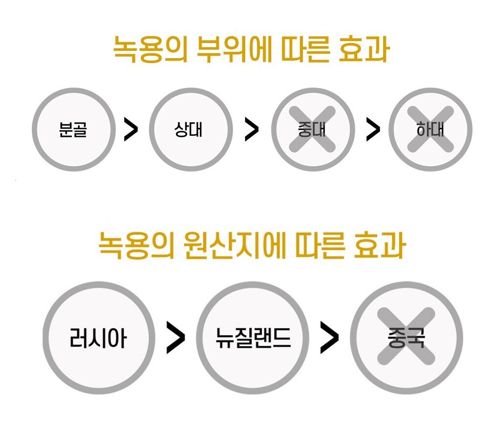 녹용의 부위에 따른 효과(분골·상대 사용, 중대·하대 미사용)와 원산지에 따른 효과(러시아·뉴질랜드 사용, 중국 미사용)